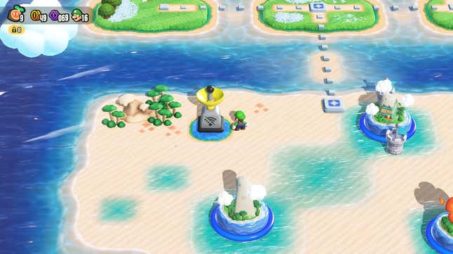 Luigi stands next to an online station.