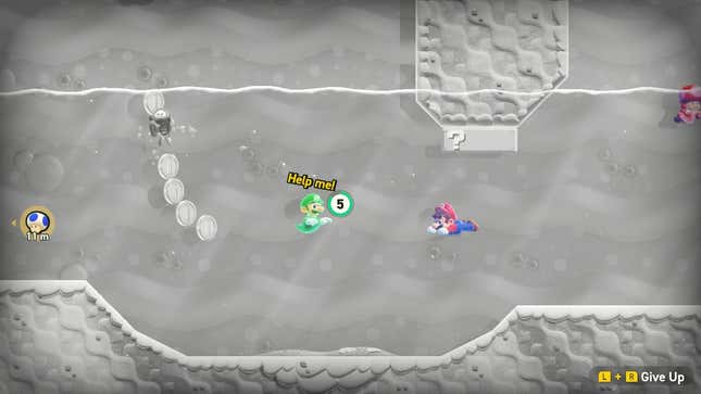 Luigi's ghost floats in the water as Mario swims to save him.