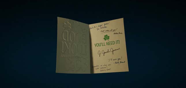 A good luck card shows five signatures, including Eddie Brock.